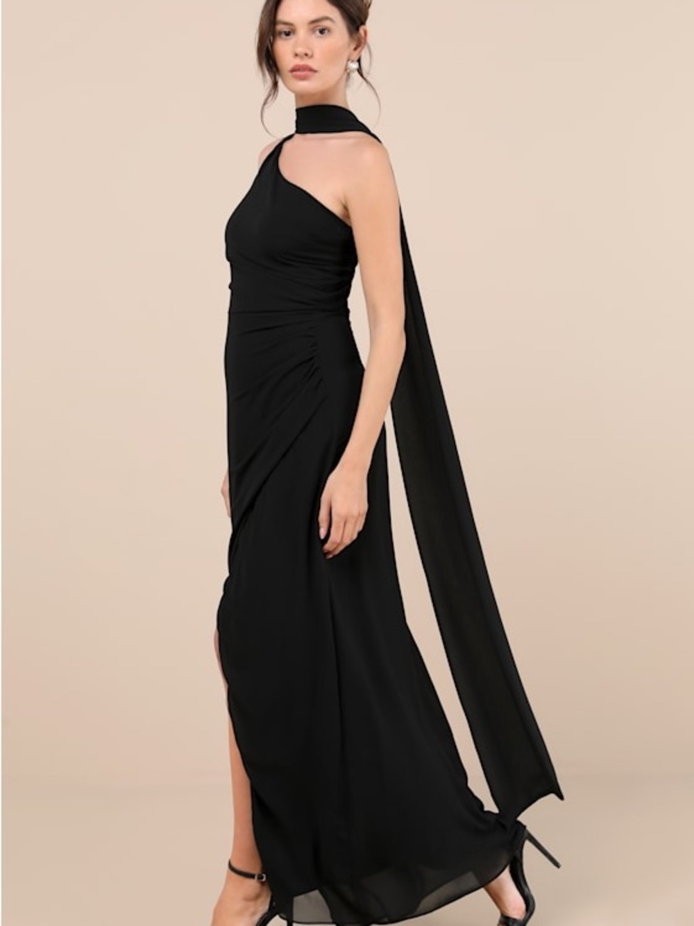 Lulus Adeline Black One-Shoulder Scarf Maxi Dress Size M NWT